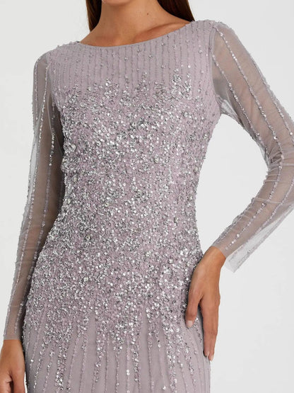 Purple Boat Neck Sequin Embellished Long Sleeve A Line Gown