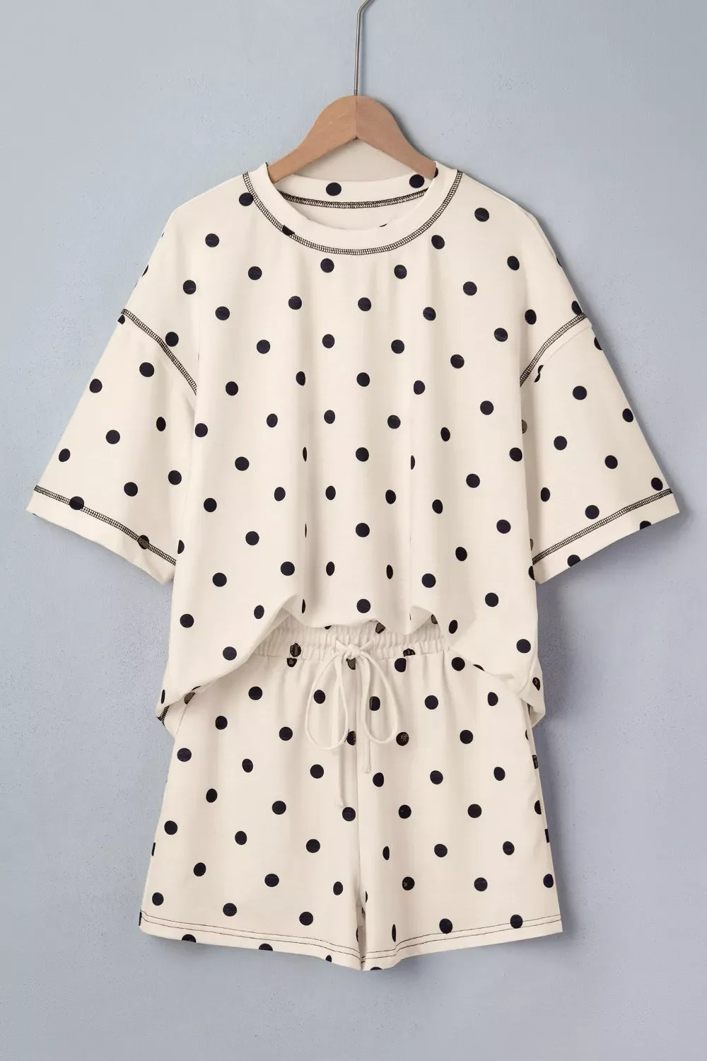 Hazel Blues® |  Exposed Seam Detail Polka Dot Loose Tee Drawstring Shorts Set