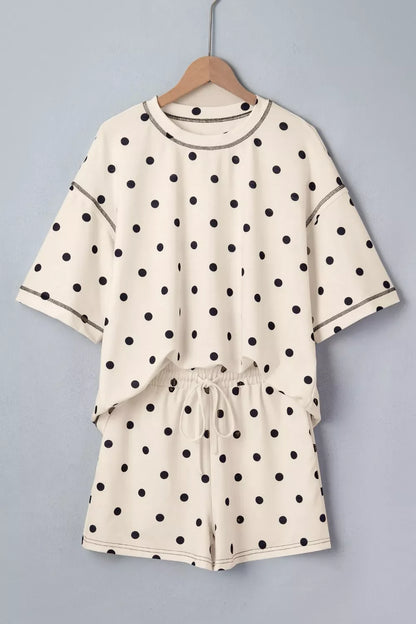 Hazel Blues® |  Exposed Seam Detail Polka Dot Loose Tee Drawstring Shorts Set
