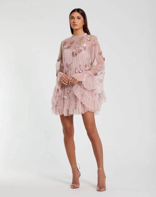 Pink Embellished Long Sleeve Trapeze Dress with Ruffle Hem