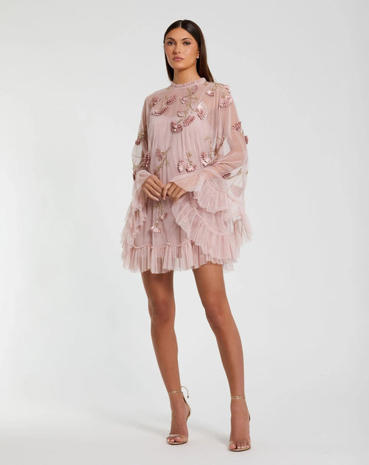 Pink Embellished Long Sleeve Trapeze Dress with Ruffle Hem