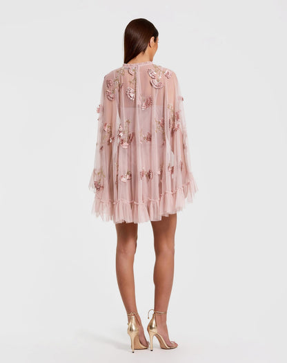 Pink Embellished Long Sleeve Trapeze Dress with Ruffle Hem