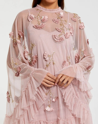 Pink Embellished Long Sleeve Trapeze Dress with Ruffle Hem