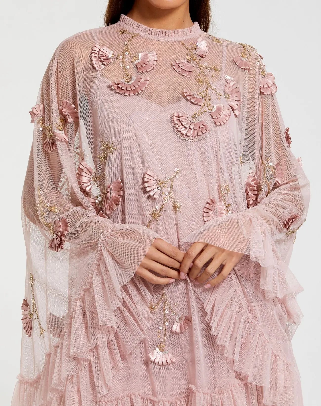 Pink Embellished Long Sleeve Trapeze Dress with Ruffle Hem