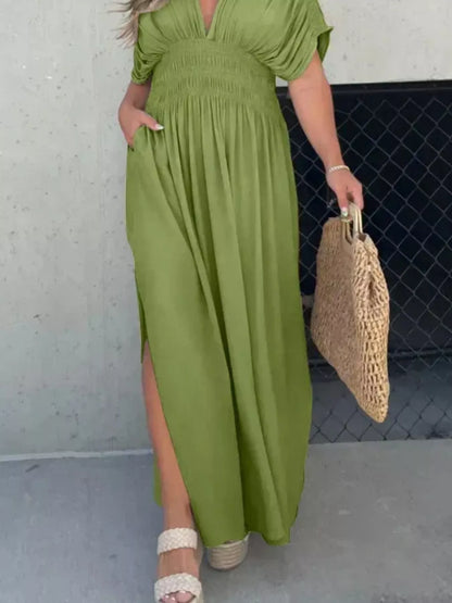 Hazel Blues® | Slit V-Neck Smocked Waist Maxi Dress