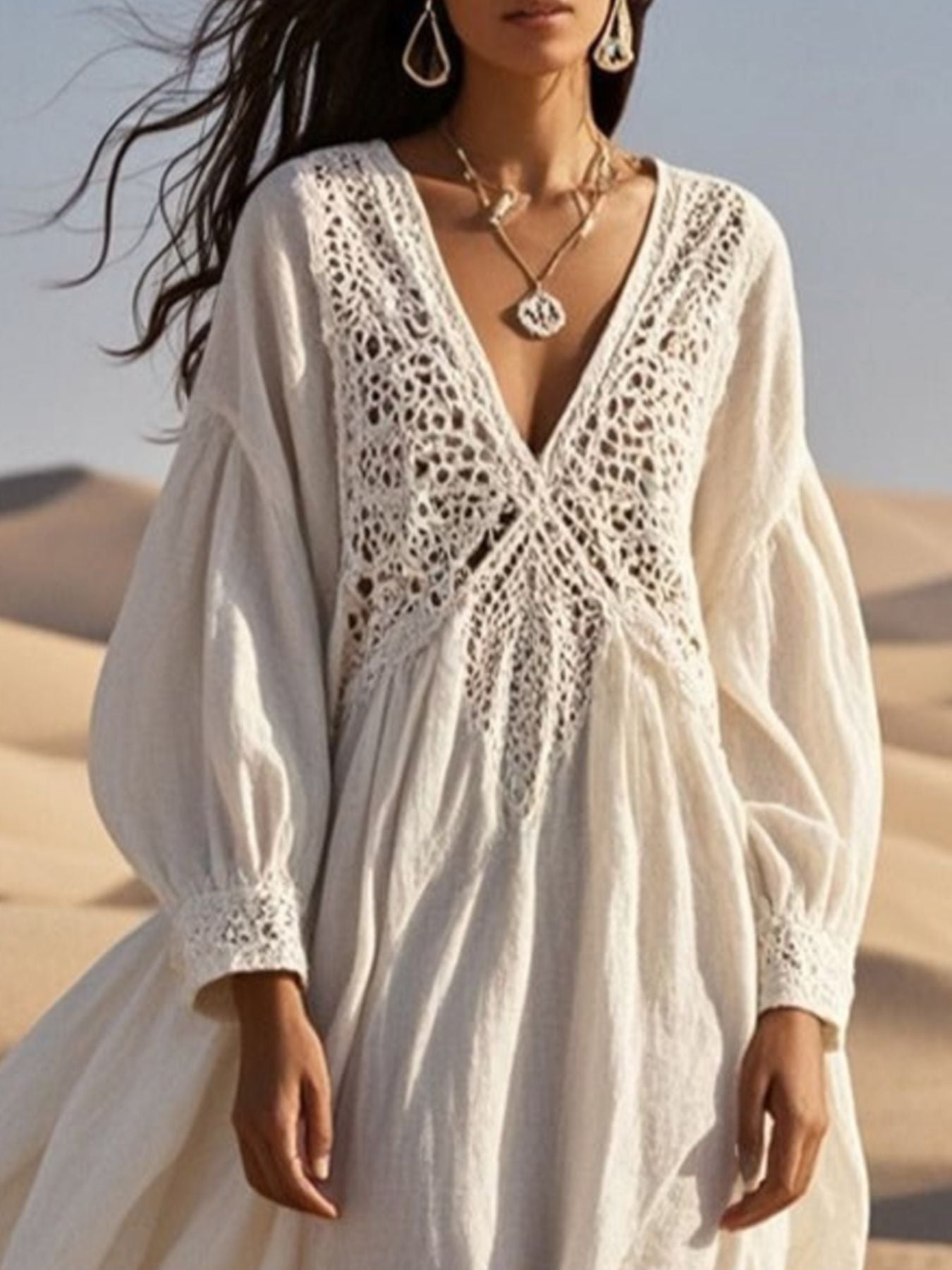 Hazel Blues® |  Crochet Trimmed V-Neck Midi Dress