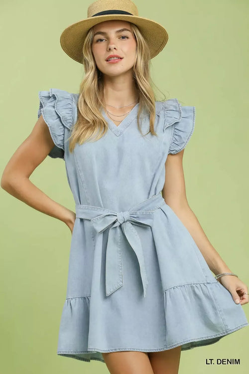 Hazel Blues® |  Umgee Chambray Ruffled Denim Dress with Side Pockets