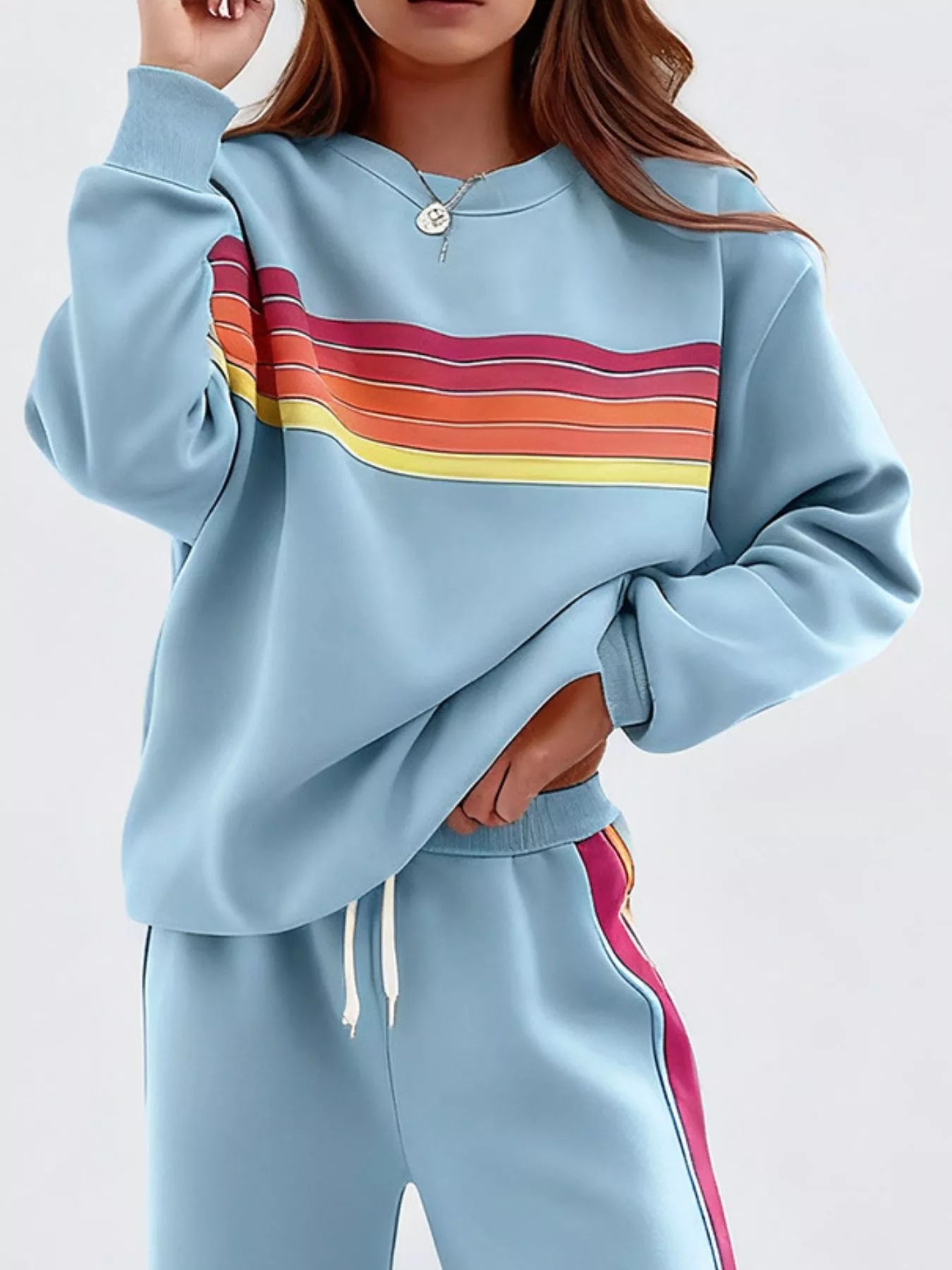 Hazel Blues® |  Striped Round Neck Sweatshirt and Pants Set