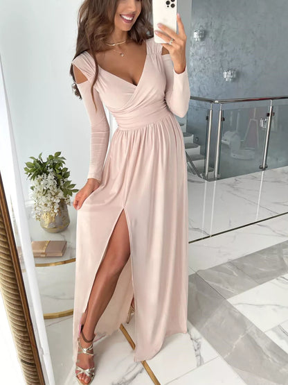 Hazel Blues® |  Slit Surplice Cold Shoulder Maxi Dress