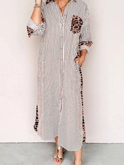 Hazel Blues® |  Striped Leopard Print Button Up Shirt Dress