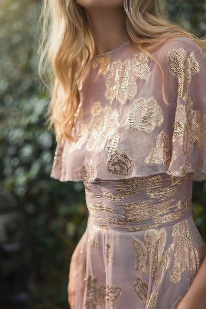 Purple Cape Sleeve A Line Floral Chiffon Gown