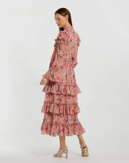 Pink Long Sleeve Lace Up Front Tiered Ruffle Dress