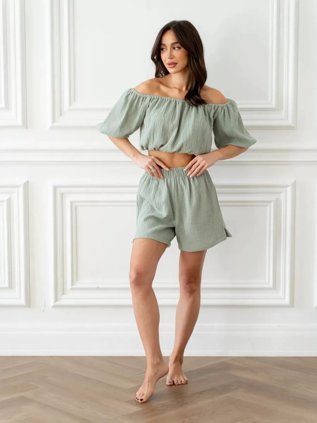 Hazel Blues® |  Off-Shoulder Cropped Top and Shorts Set