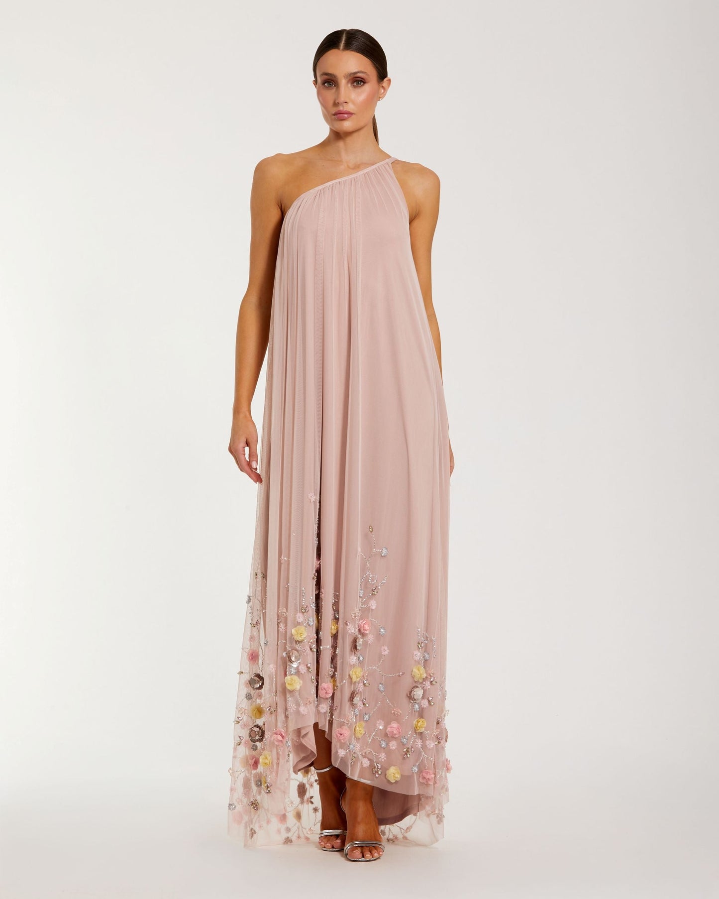 Pink One Shoulder Embellished Trapeze Gown