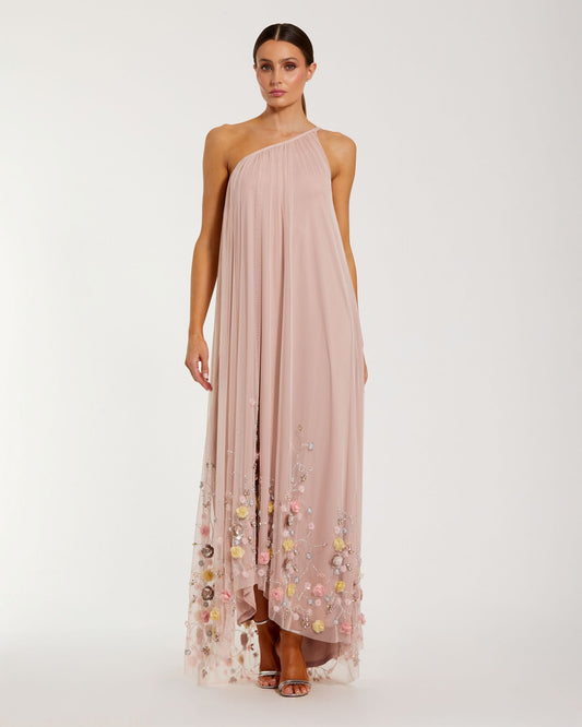 Pink One Shoulder Embellished Trapeze Gown