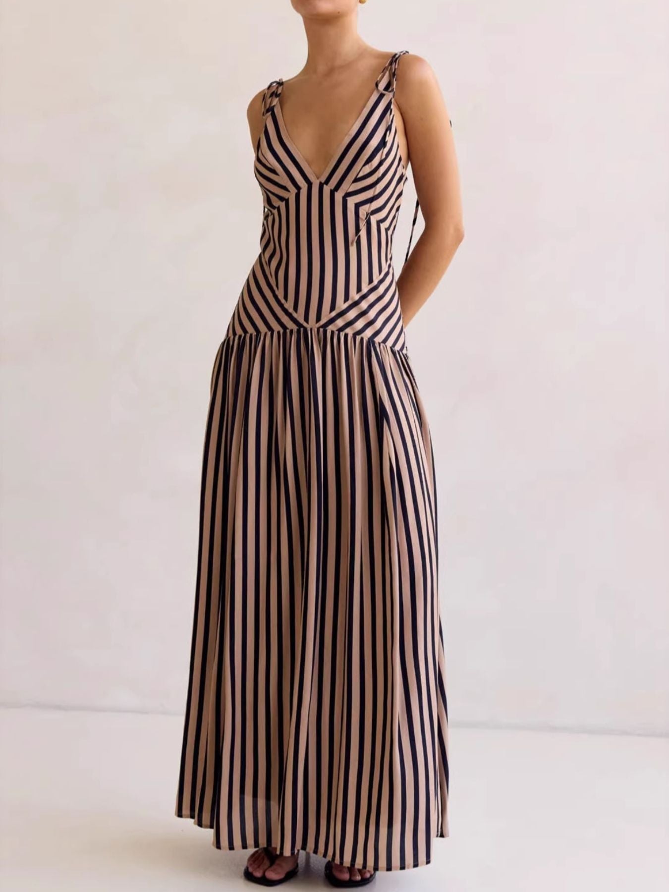 Hazel Blues® |  Striped V-Neck Tie-Shoulder Maxi Dress