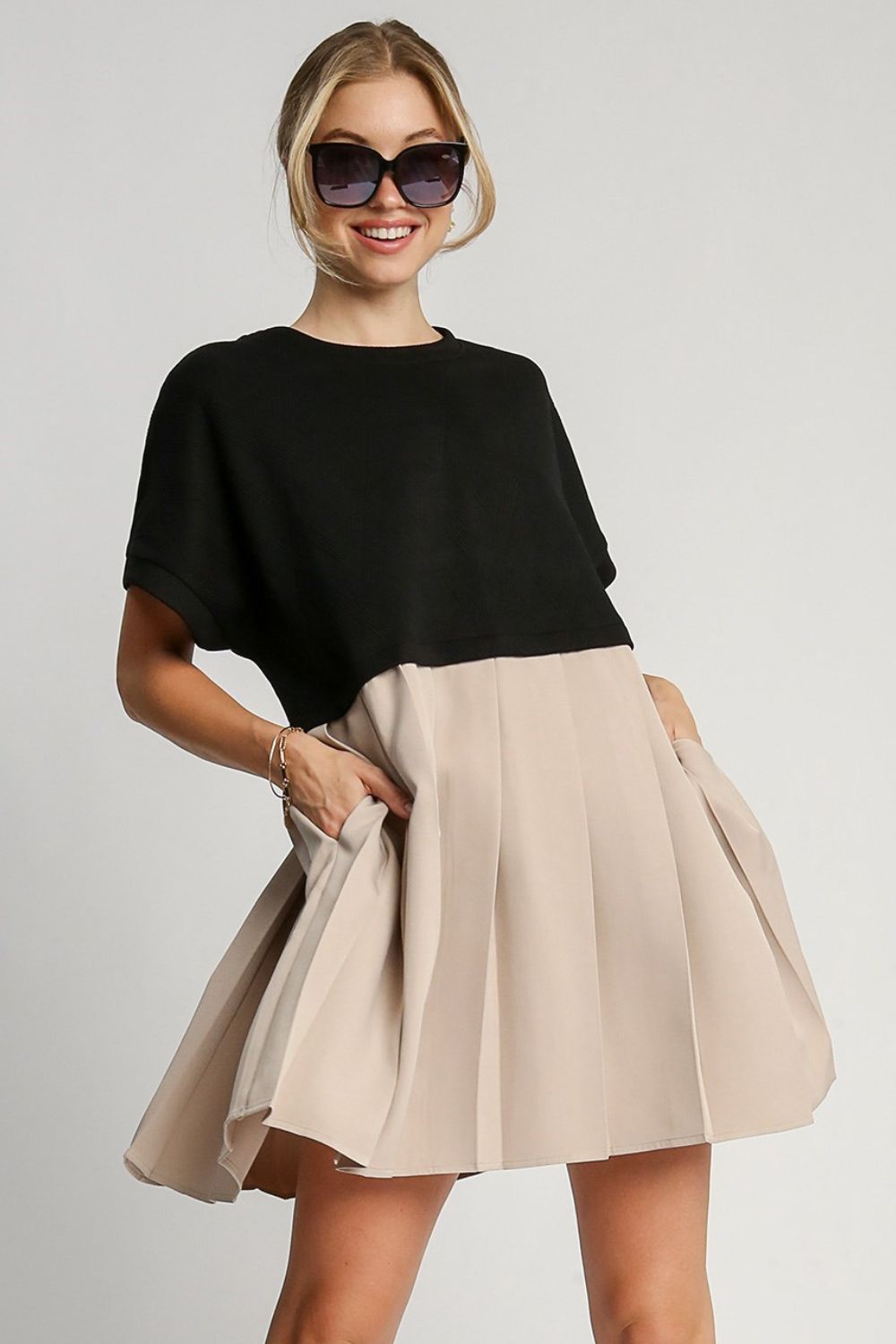 Hazel Blues® | Umgee Round Neck Pleated Dress with Side Pockets