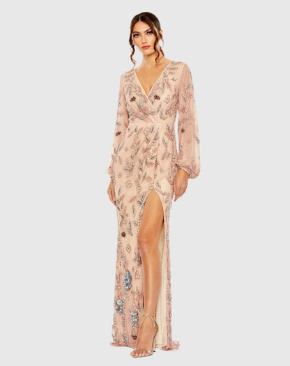 Pink Long Sleeve Floral Beaded Surplice Wrap Gown - FINAL SALE