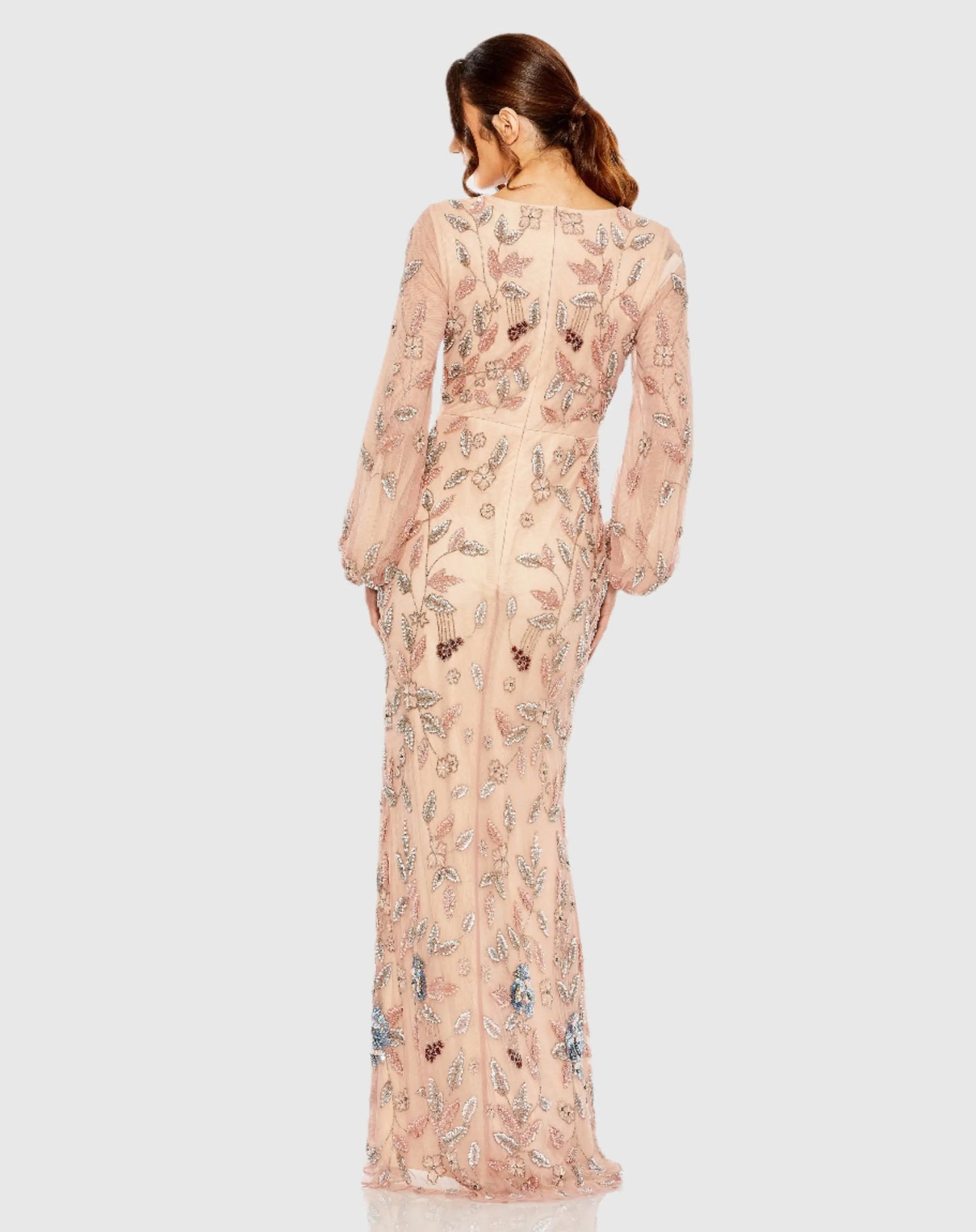 Pink Long Sleeve Floral Beaded Surplice Wrap Gown - FINAL SALE