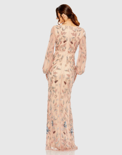 Pink Long Sleeve Floral Beaded Surplice Wrap Gown - FINAL SALE