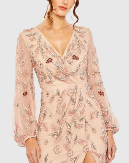 Pink Long Sleeve Floral Beaded Surplice Wrap Gown - FINAL SALE