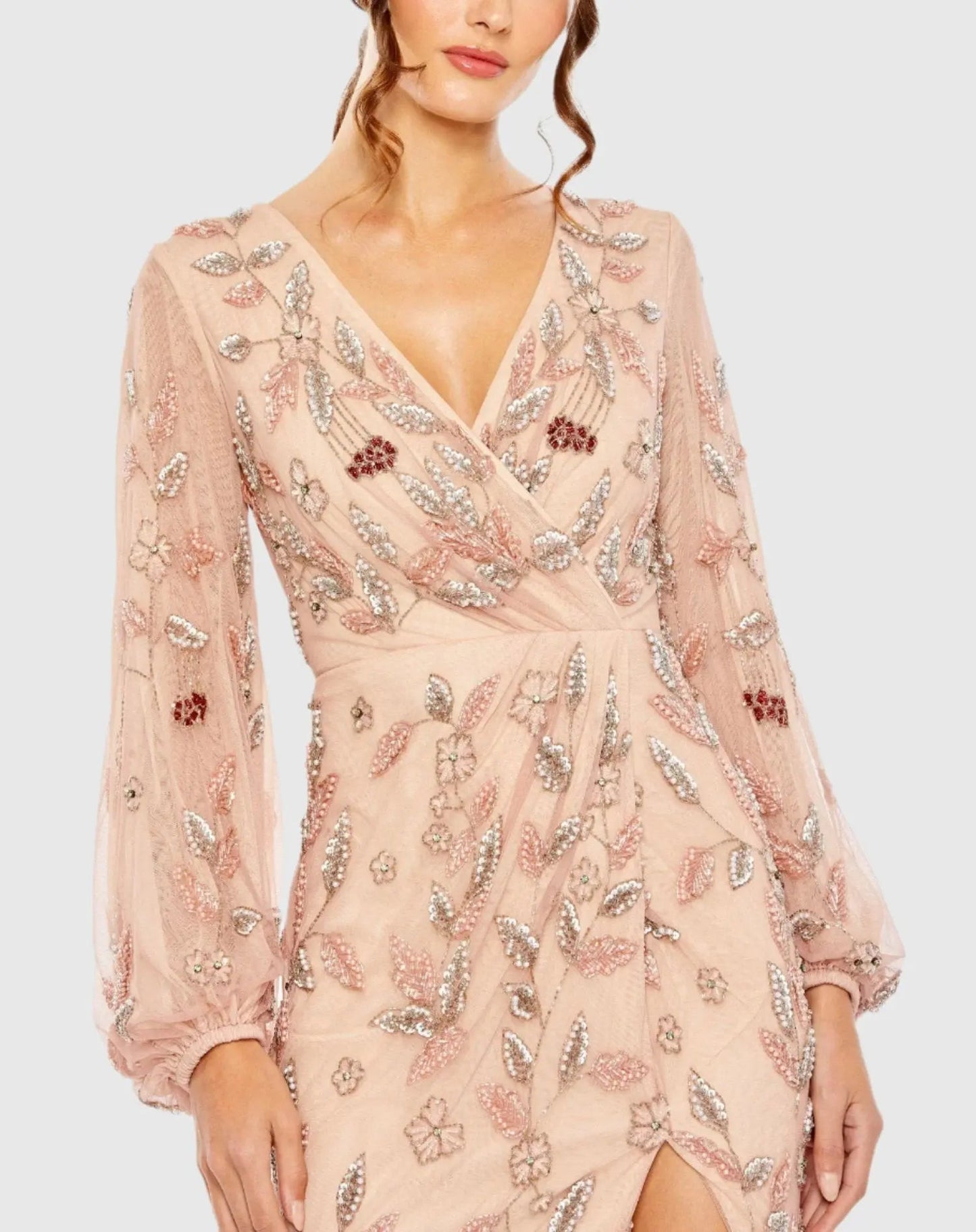 Pink Long Sleeve Floral Beaded Surplice Wrap Gown - FINAL SALE