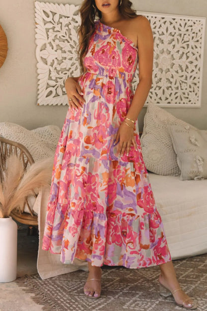 Hazel Blues® |  Floral Print Shirred One Shoulder Maxi Dress