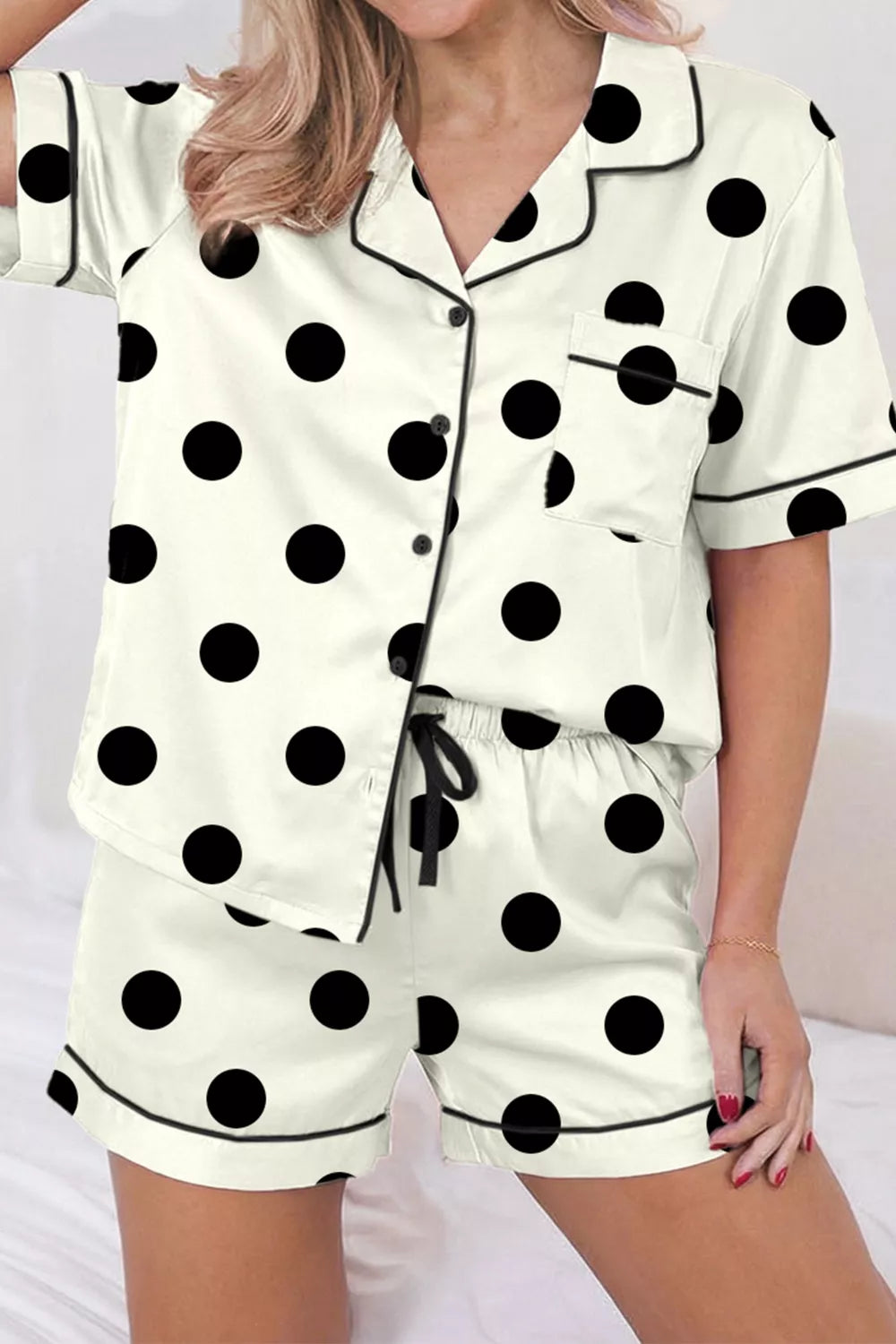 Hazel Blues® |  Polka Dot Button Up Top and Shorts Lounge Set