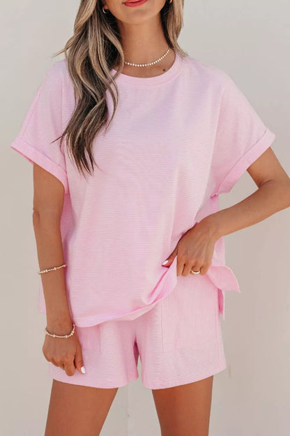 Hazel Blues® |  Stripe Matching Oversized Tee and Drawstring Shorts Set