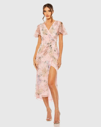 Pink Embellished Floral Flutter Sleeve Midi Dress