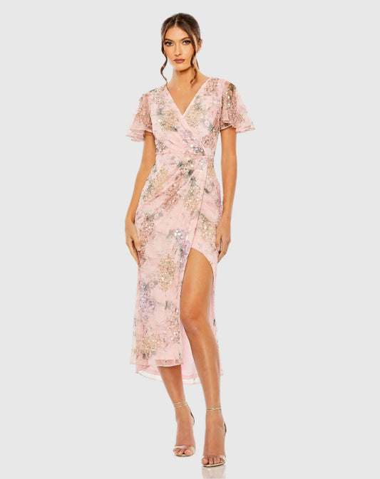 Pink Embellished Floral Flutter Sleeve Midi Dress