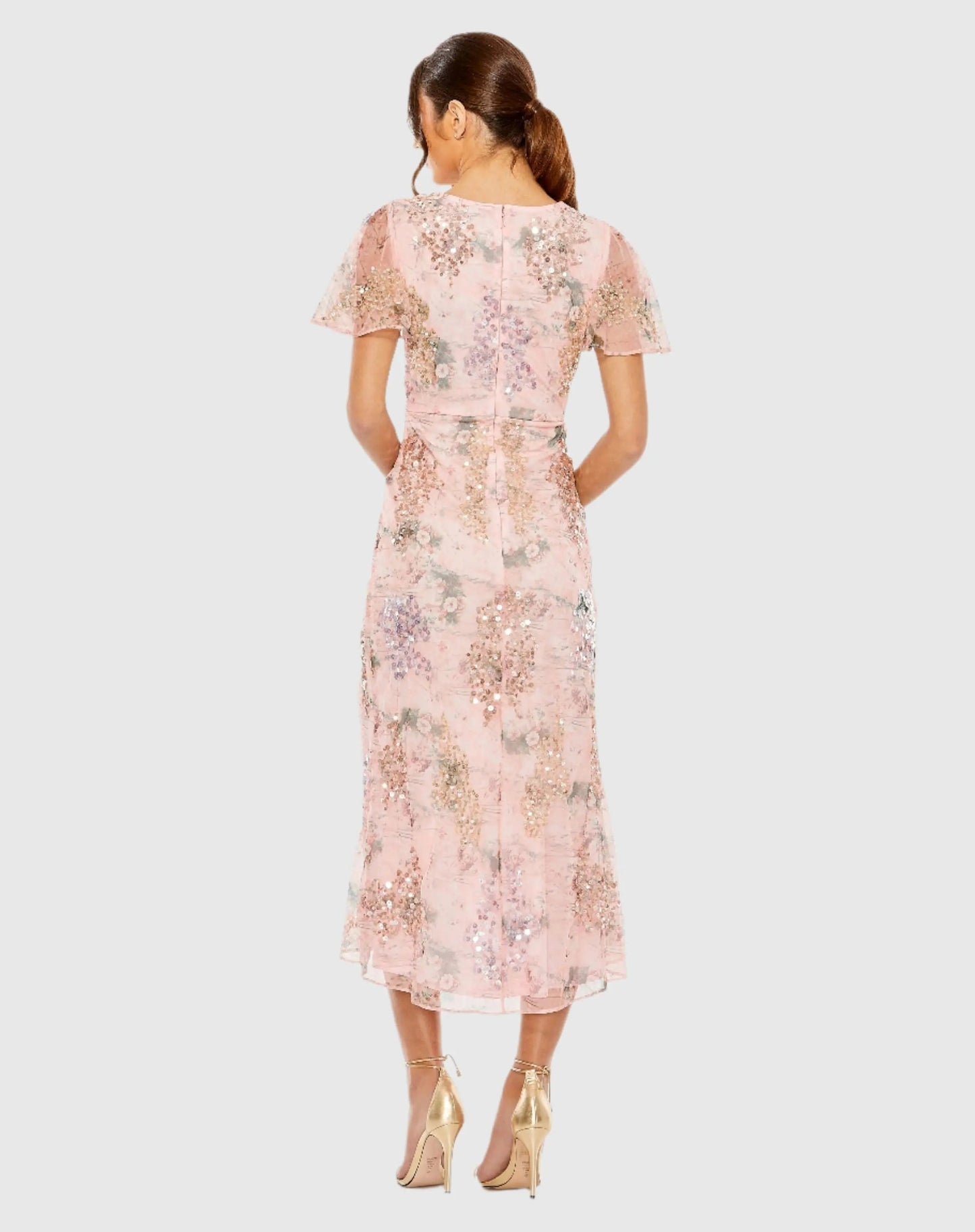 Pink Embellished Floral Flutter Sleeve Midi Dress