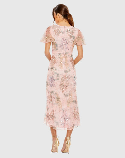 Pink Embellished Floral Flutter Sleeve Midi Dress