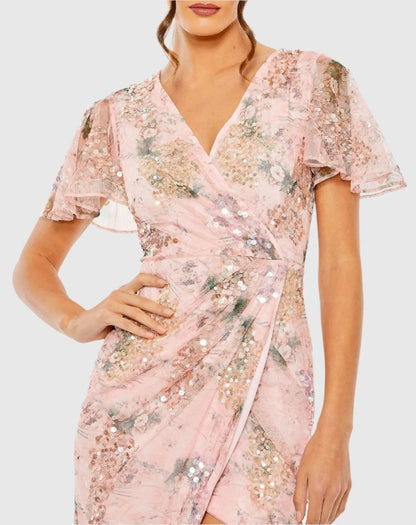 Pink Embellished Floral Flutter Sleeve Midi Dress