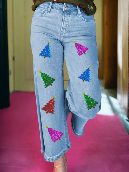 Hazel Blues® |  Colorful Sequin Christmas Tree Patched Raw Hem Cropped Wide Leg Jeans