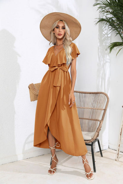 Hazel Blues® |  Tied Front Ruffled Short Sleeve Midi Dress