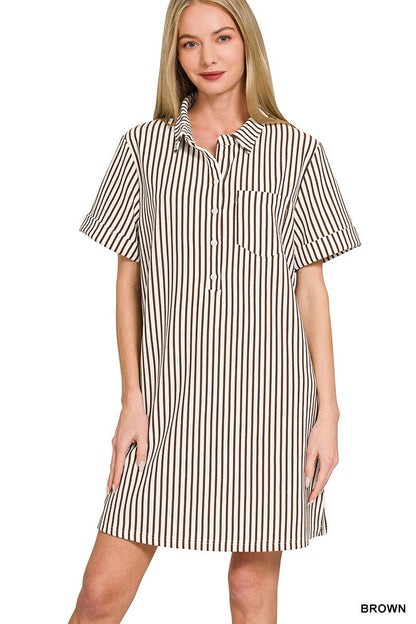 Hazel Blues® |  Zenana Stripe Collared Half Button Up T-Shirts Dress