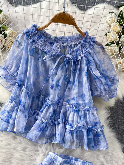 Hazel Blues® |  Floral Print Ruffle Hem Blouse and Skirt Set