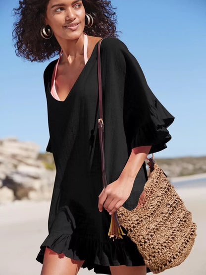 Hazel Blues® | Ruffled Trim V-Neck Cover-Up Dress