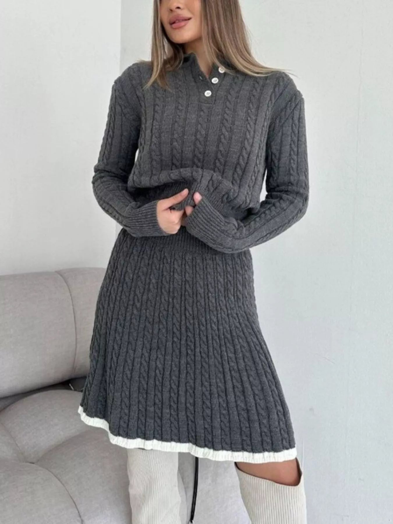 Hazel Blues® |  Cable Knit Long Sleeve Top and Skirt Sweater Set