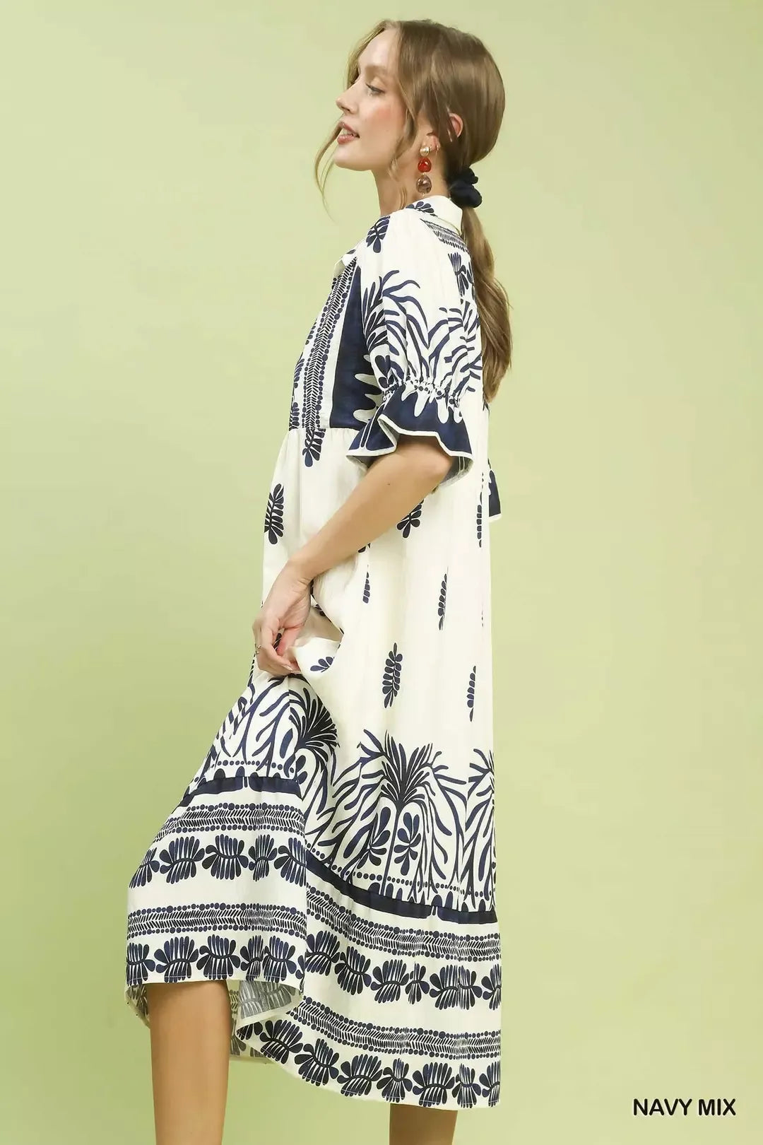 Hazel Blues® |  Umgee Border Print Midi Dress with Puff Sleeves