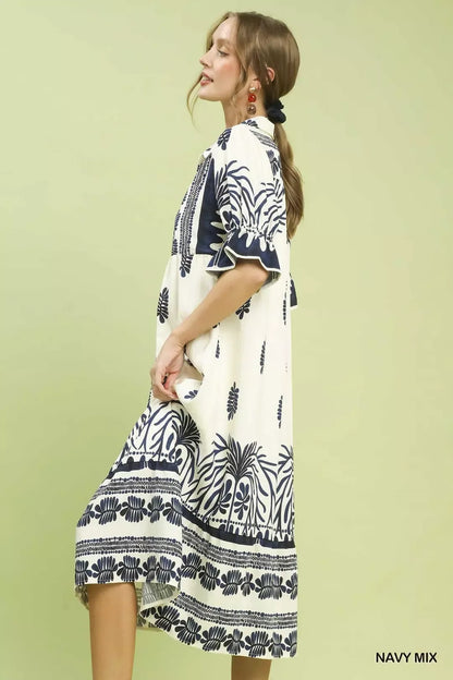 Hazel Blues® |  Umgee Border Print Midi Dress with Puff Sleeves