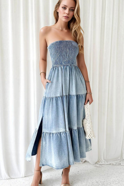 Hazel Blues® |  Smocked Tube Slit Tiered Denim Dress