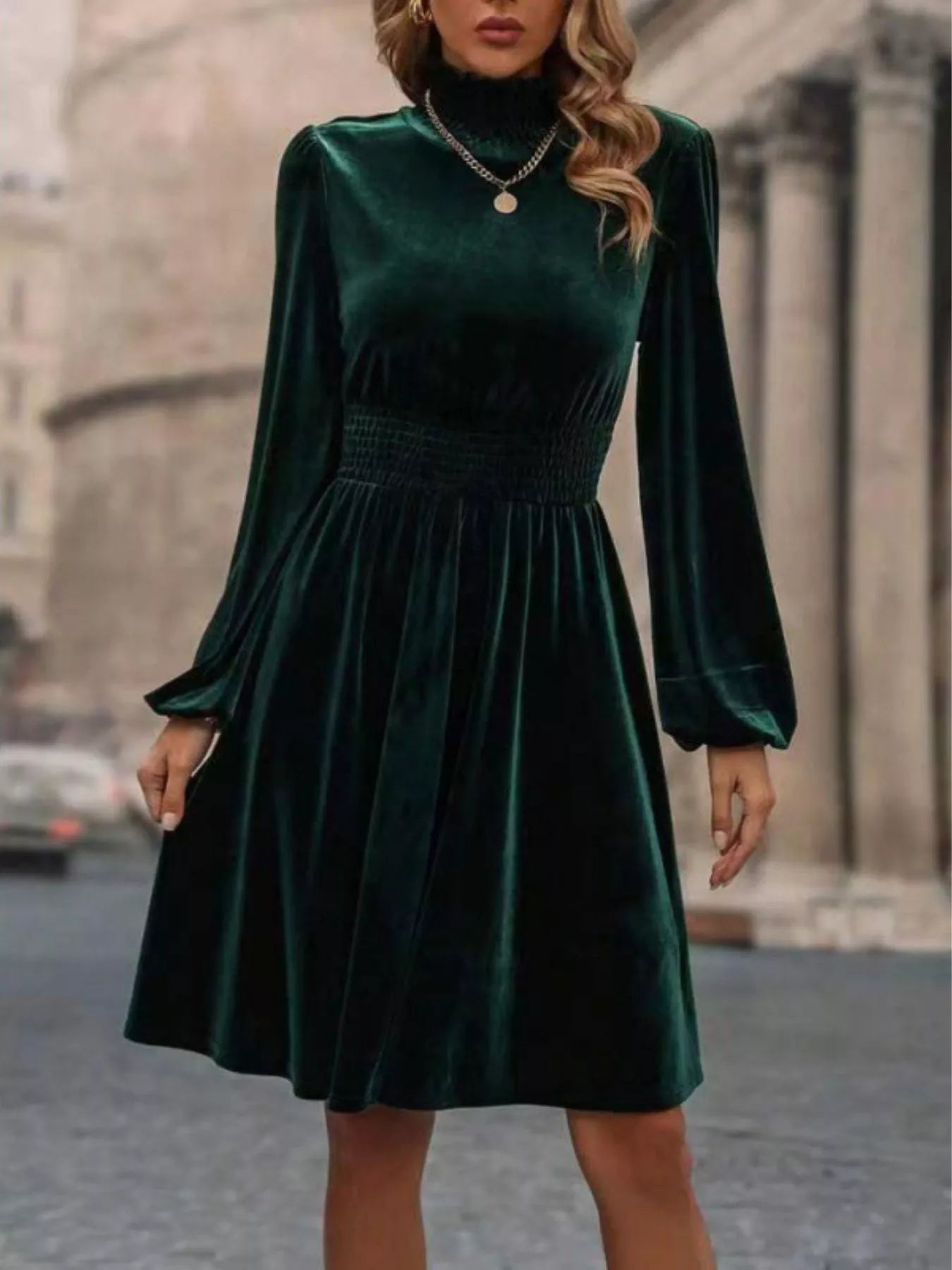 Hazel Blues® |  Velvet High Neck Long Sleeve A-Line Dress