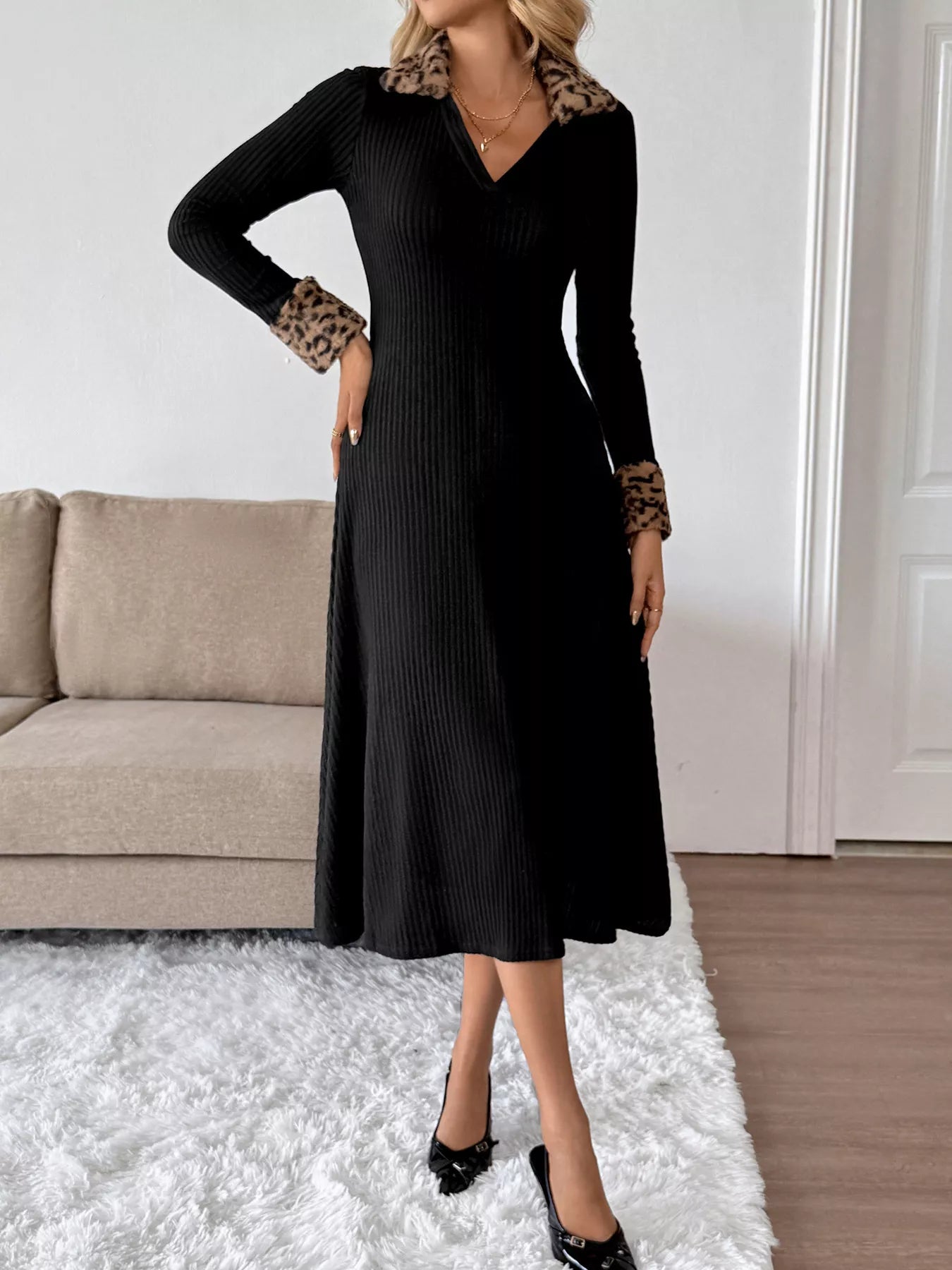 Hazel Blues® |  Leopard Cuff Johnny Collar Midi Dress