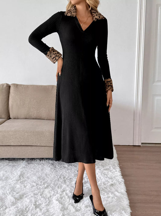 Hazel Blues® |  Leopard Cuff Johnny Collar Midi Dress