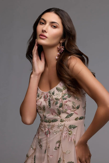 Pink Ruffle Midi Dress with Floral Embroidery