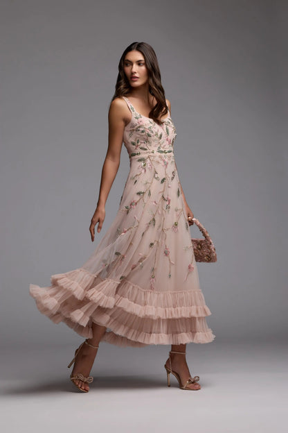Pink Ruffle Midi Dress with Floral Embroidery