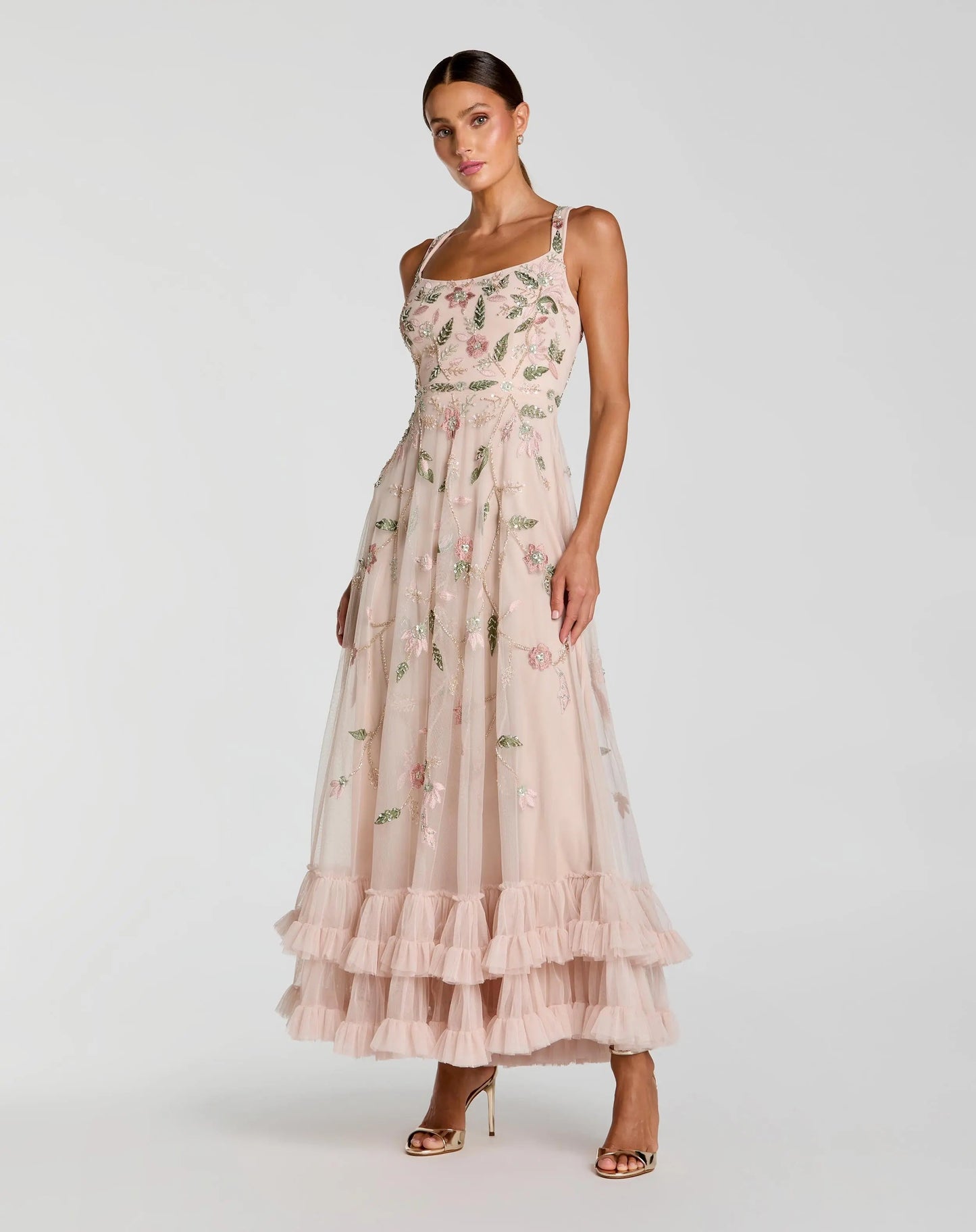 Pink Ruffle Midi Dress with Floral Embroidery