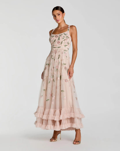 Pink Ruffle Midi Dress with Floral Embroidery